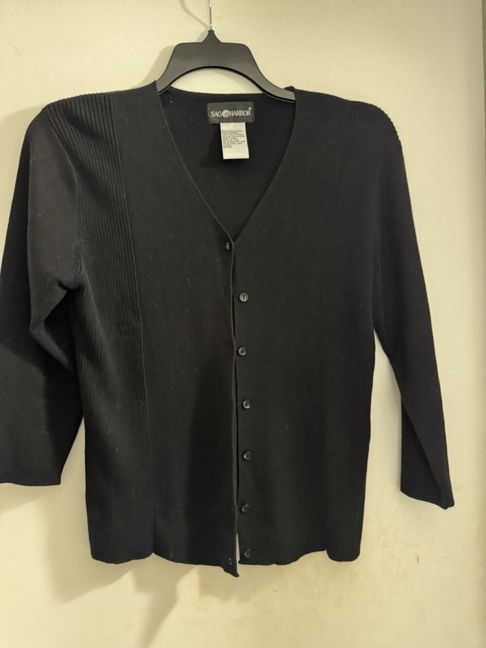 Sag Harbor Black Button Down Cardigan Sweater V Neck 100% Cotton Medium Soft